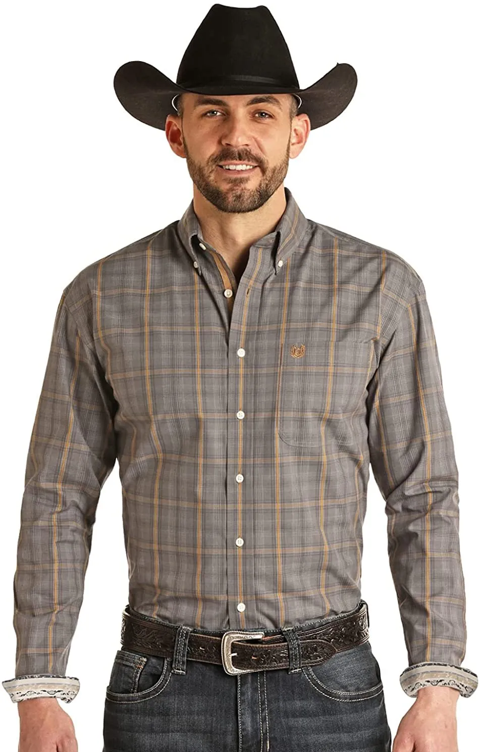 Panhandle Men's Long Sleeve Dobby Plaid Button Down Shirt, Dark Grey