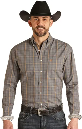 Panhandle Men's Long Sleeve Dobby Plaid Button Down Shirt, Dark Grey