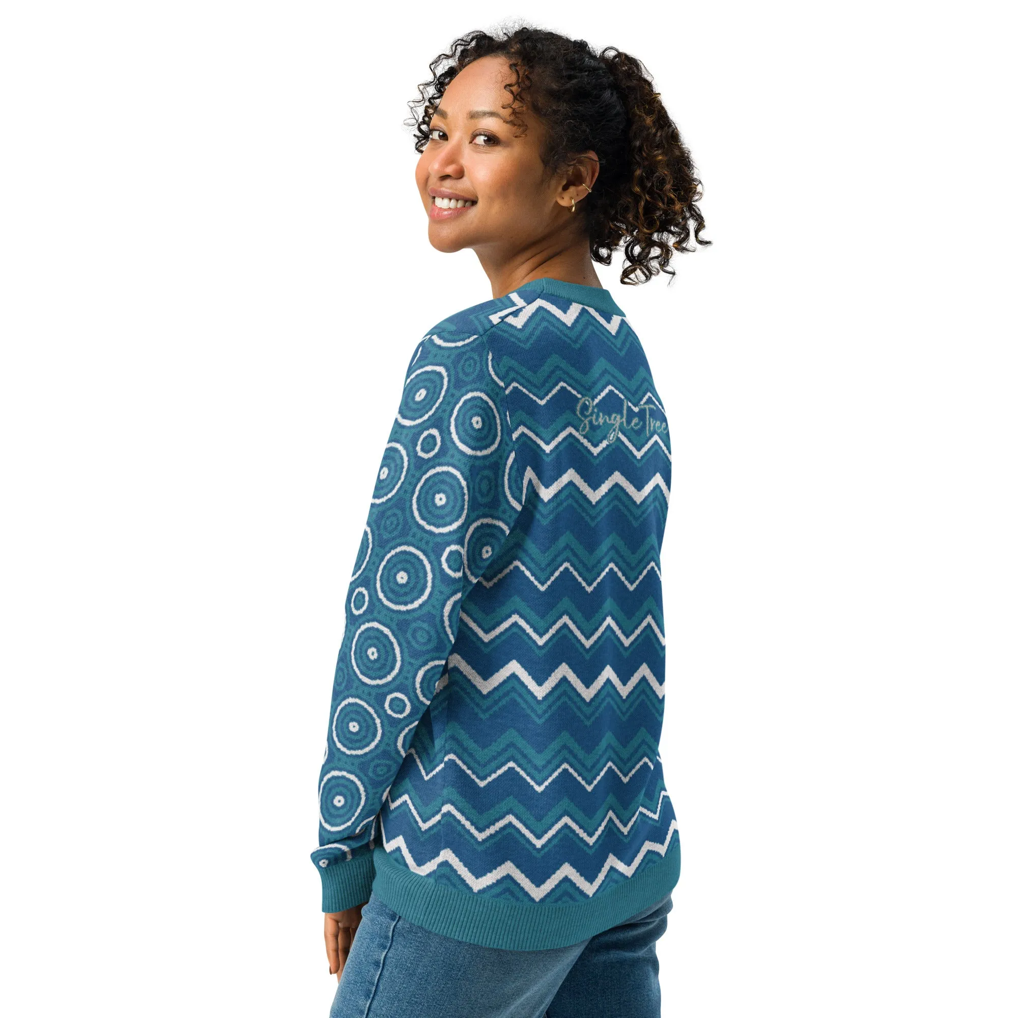 Paradise Blue Marine Chevron Print Knitted Crewneck Sweater