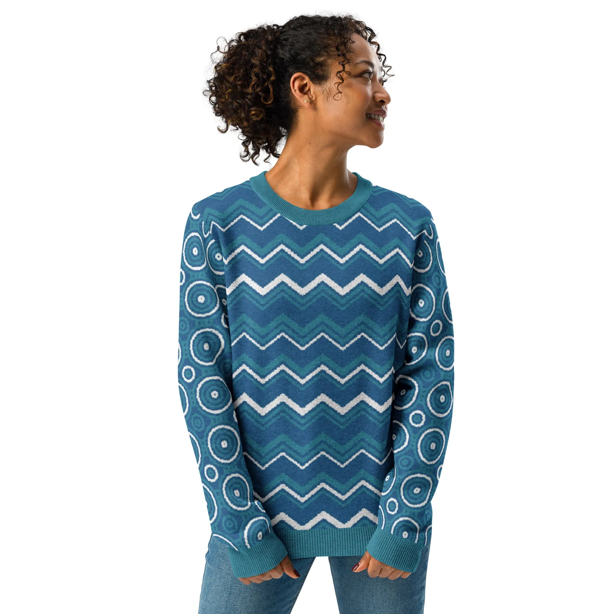 Paradise Blue Marine Chevron Print Knitted Crewneck Sweater