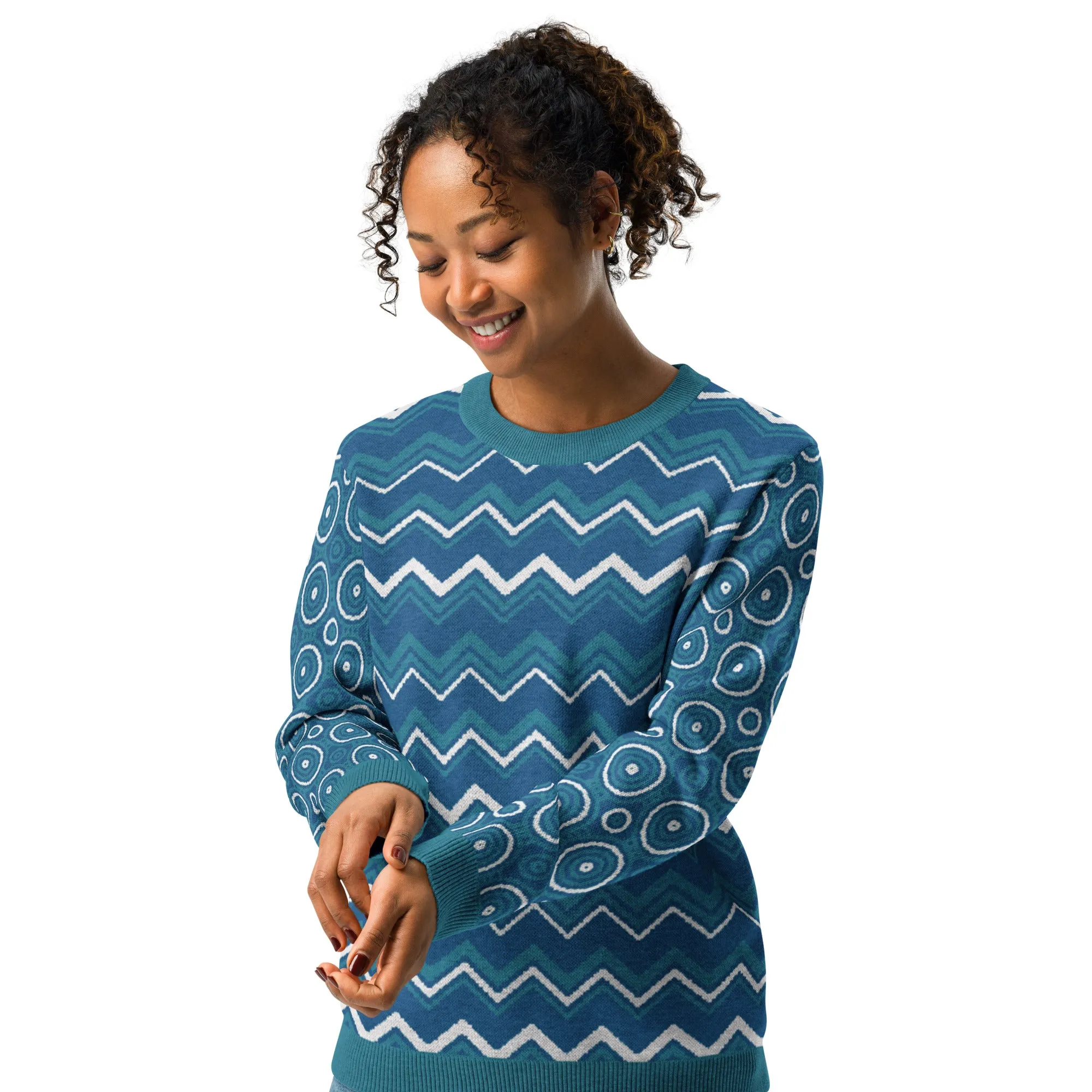 Paradise Blue Marine Chevron Print Knitted Crewneck Sweater