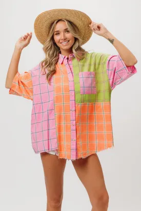 Plaid Collared Neck Half Sleeve Shirt