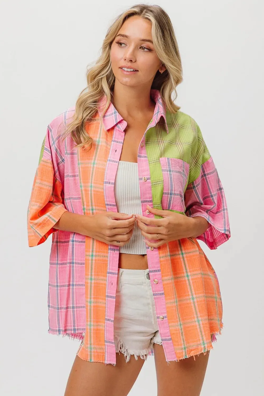 Plaid Collared Neck Half Sleeve Shirt