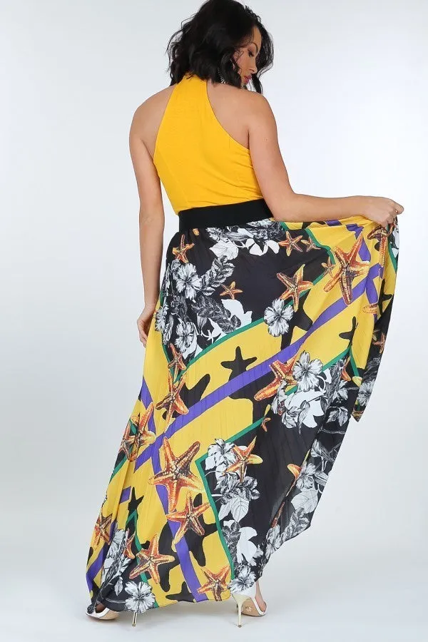 Pleated Print Maxi Skirt With Leather Waist Band