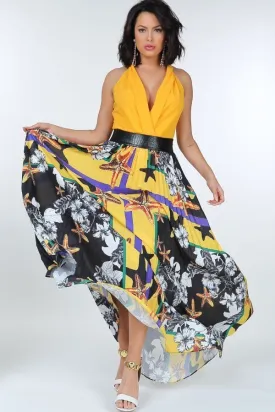 Pleated Print Maxi Skirt With Leather Waist Band