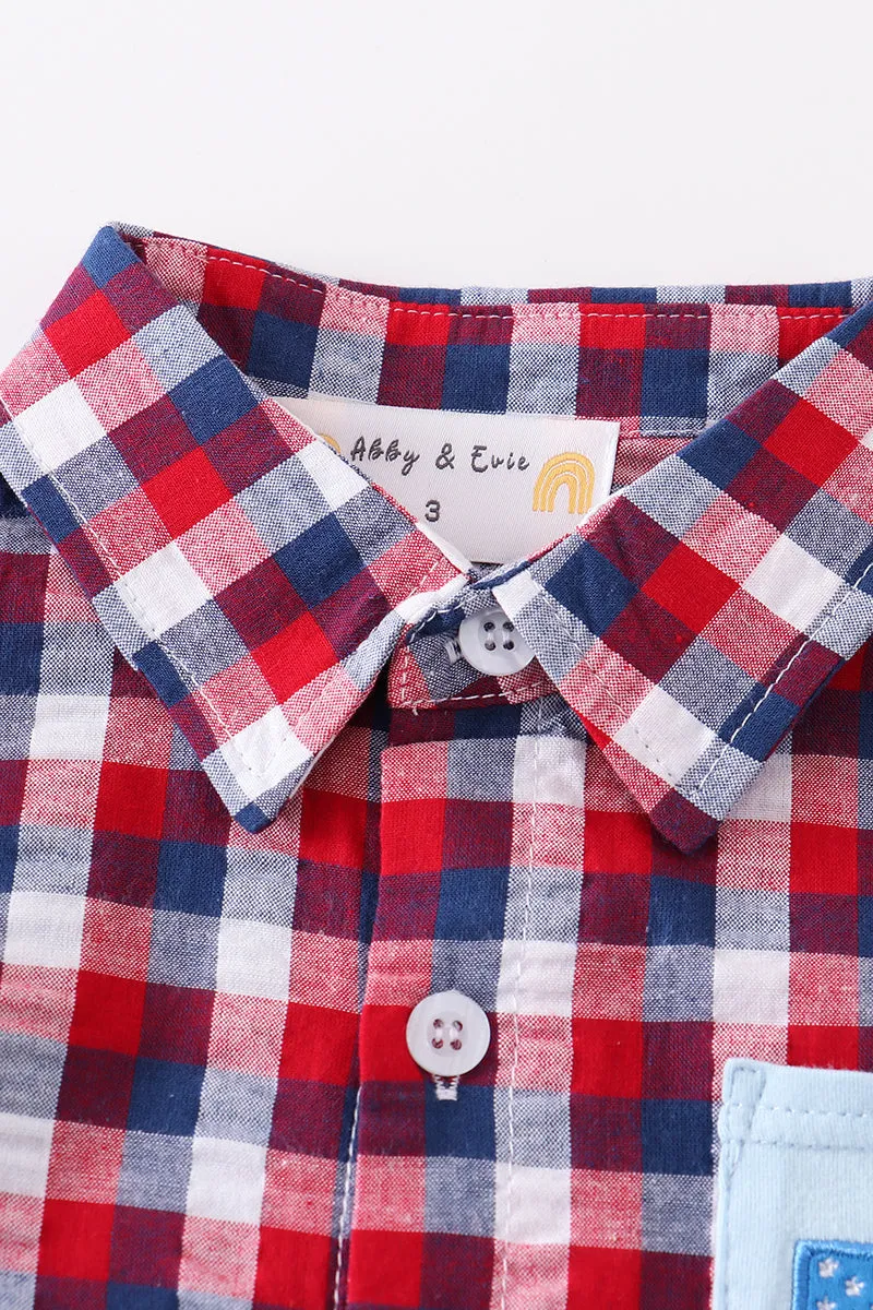 Premium Plaid patriotic flag button down boy shirt