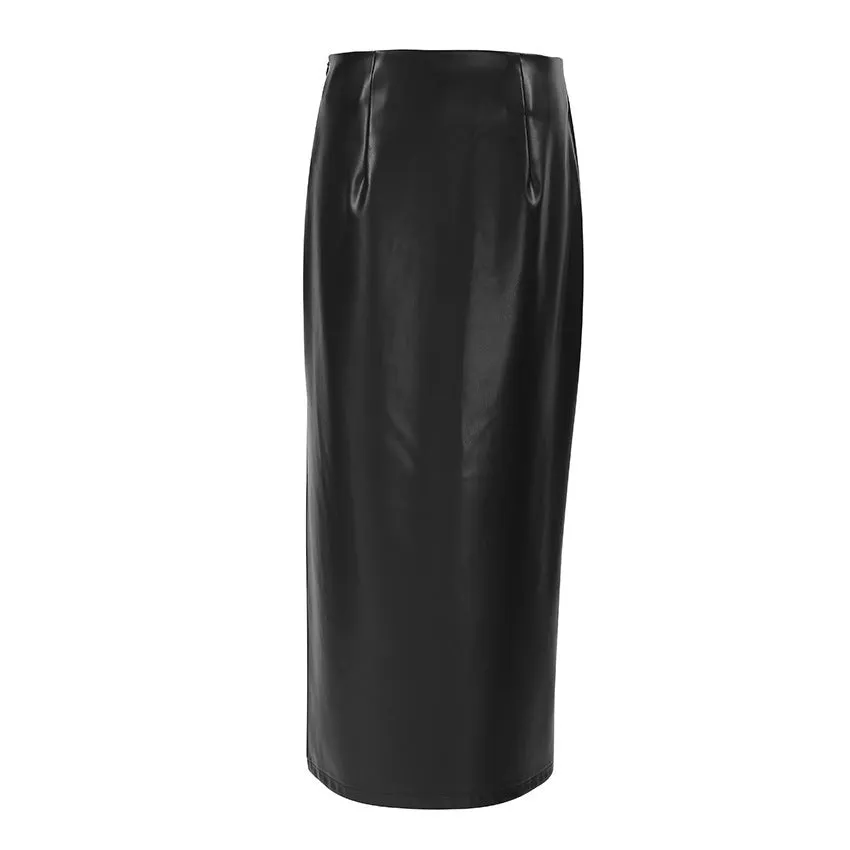 PU Leather Black Slit Straight Skirt