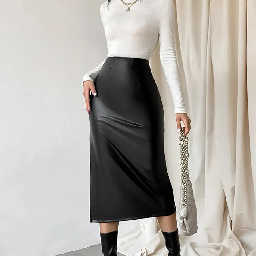 PU Leather Black Slit Straight Skirt