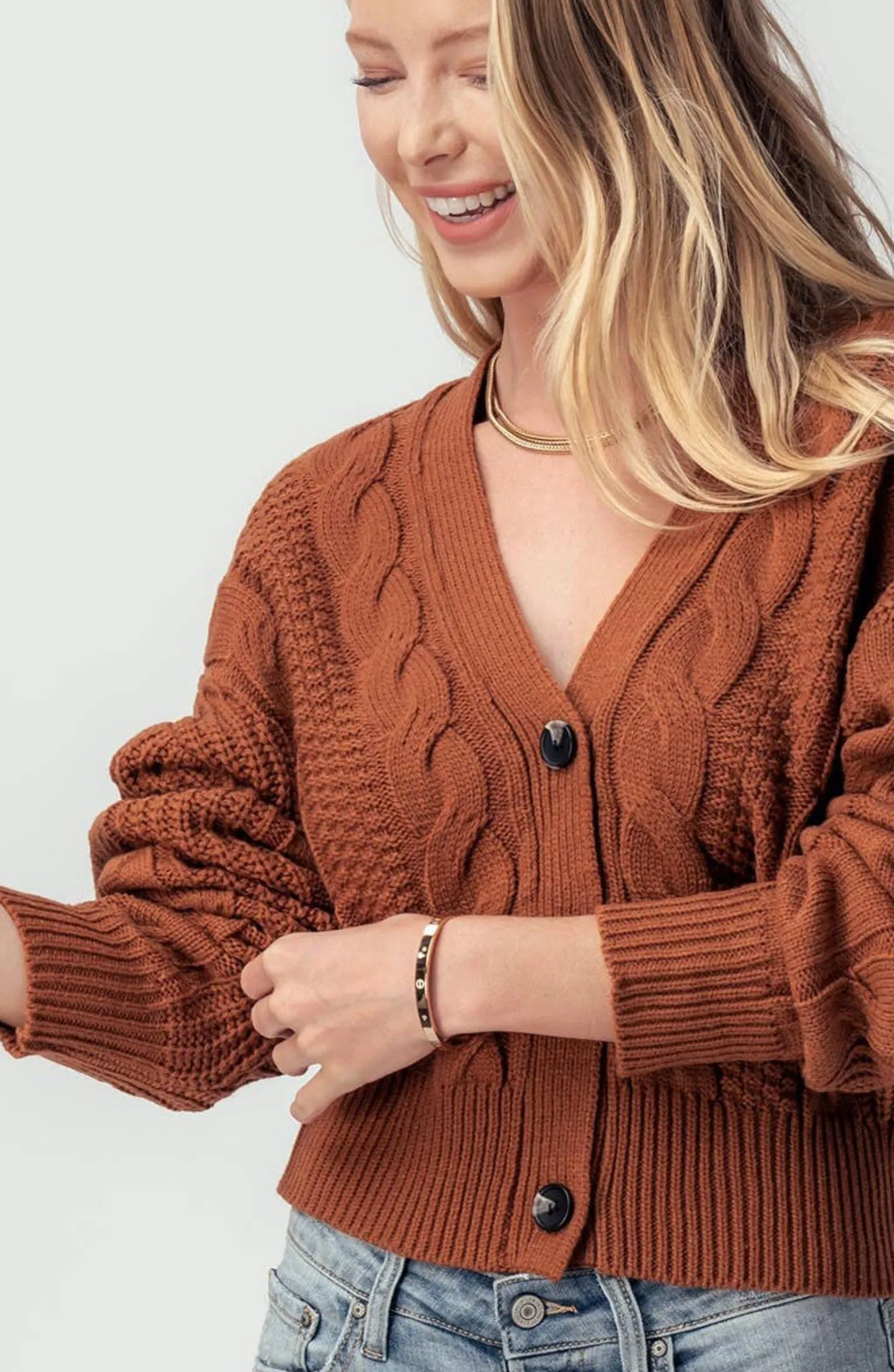 Q2 Cable Knit Drop Shoulder Terra Cotta Cardigan