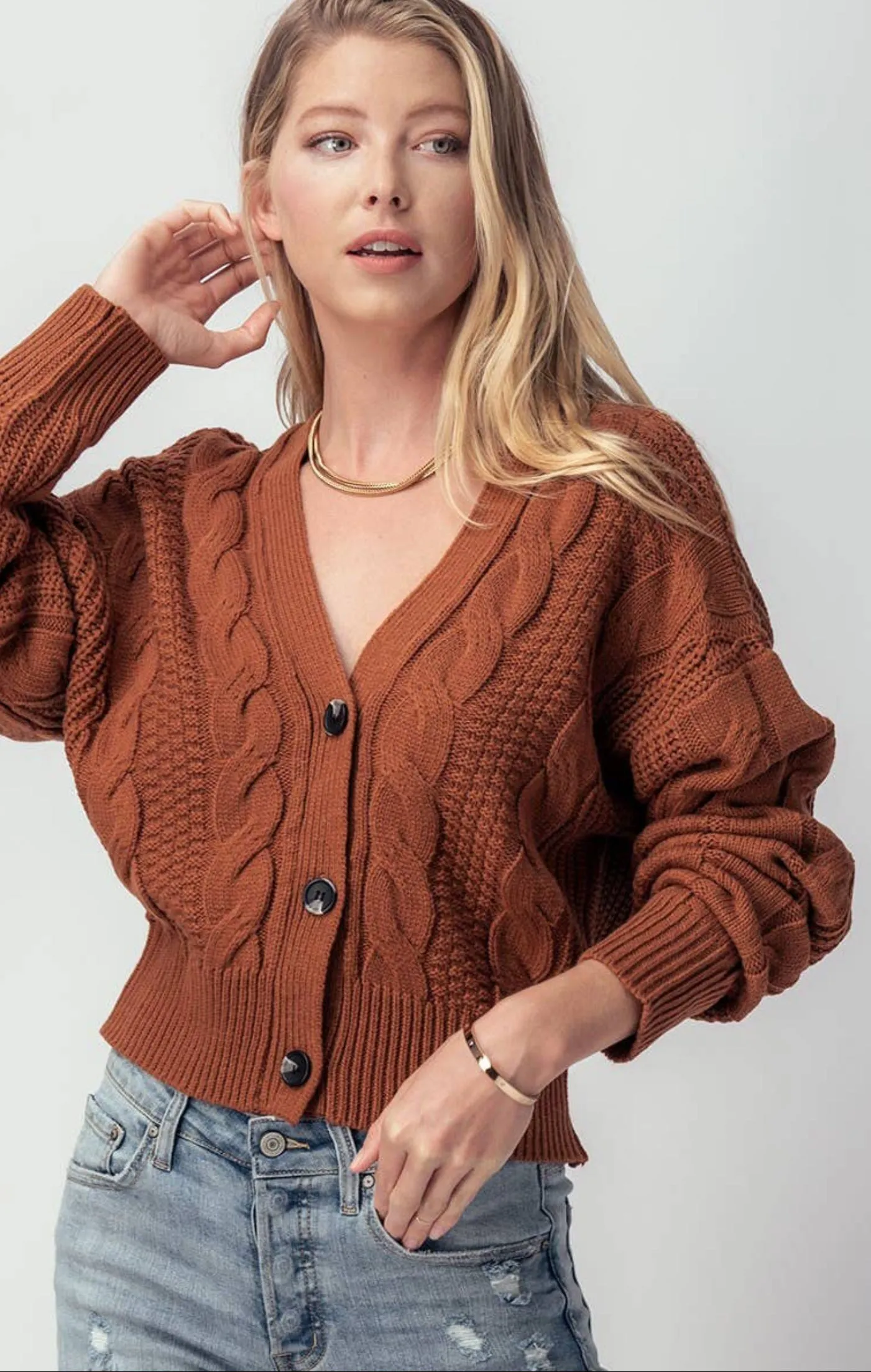 Q2 Cable Knit Drop Shoulder Terra Cotta Cardigan