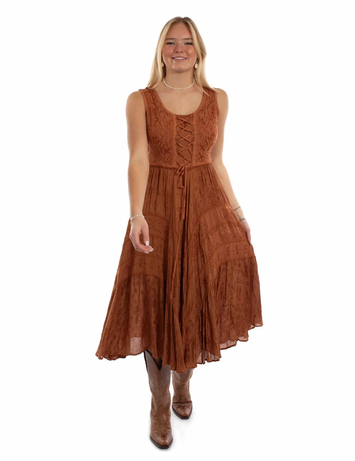 Scully Womens Full Length Lace-Up Rust 100% Rayon S/L Dress L