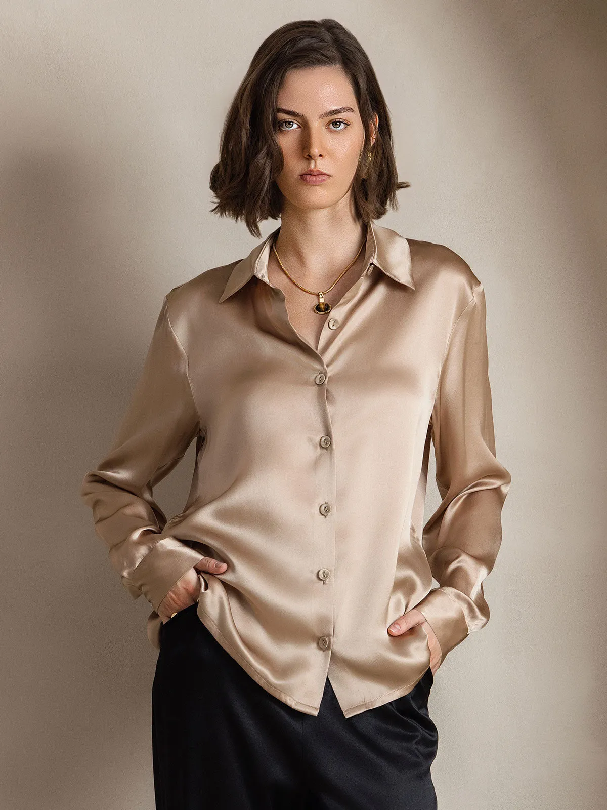 Silk Basic Military Lapel Blouse Shirt