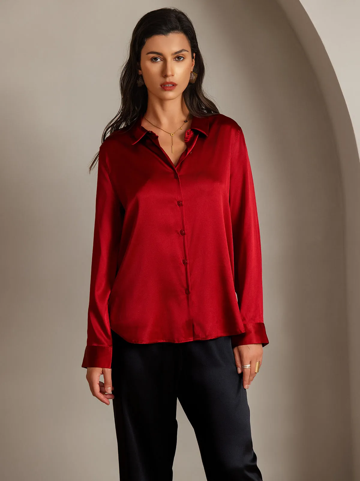 Silk Basic Military Lapel Blouse Shirt