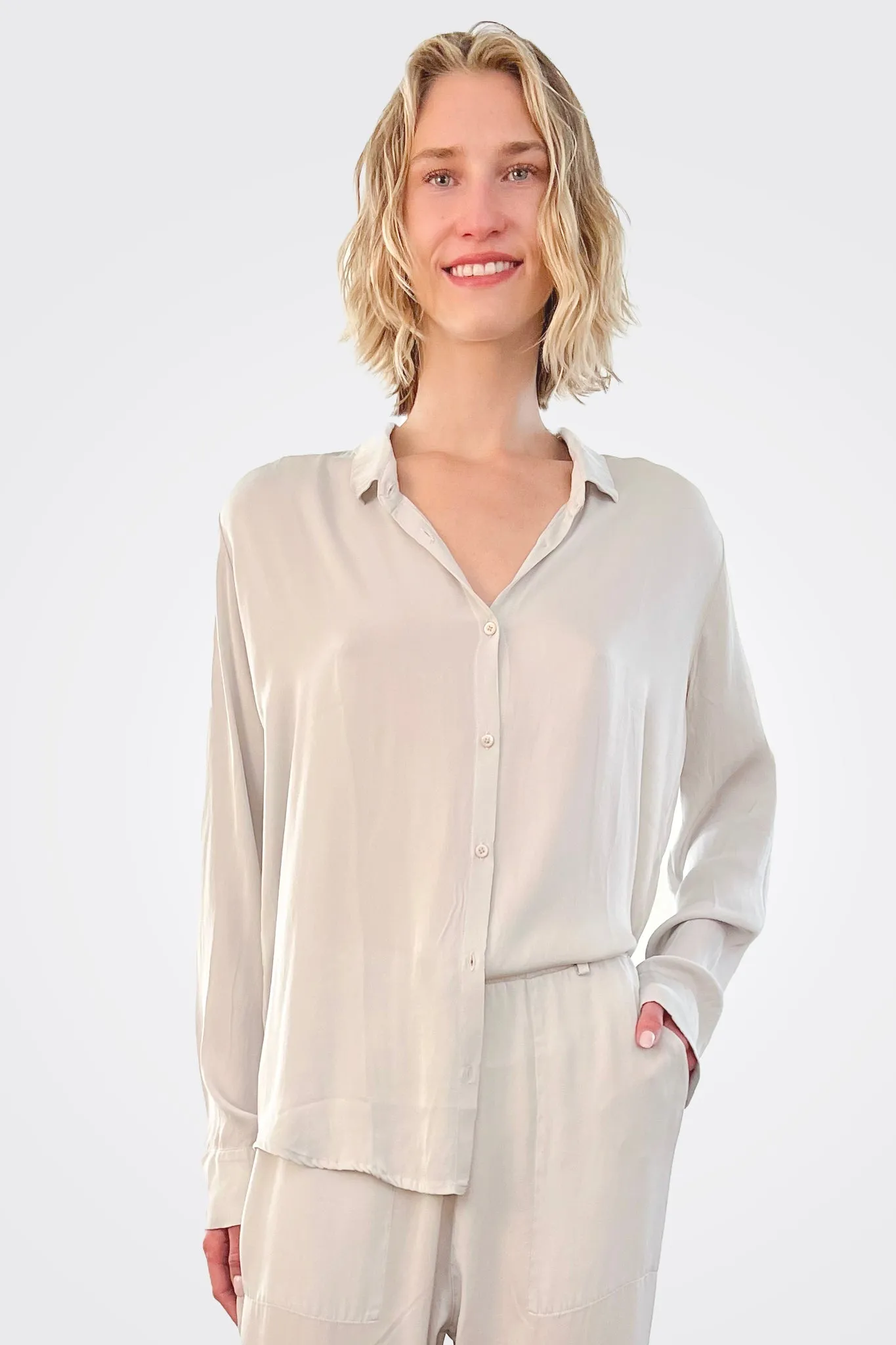 Silk Button Down Blouse - Pearl