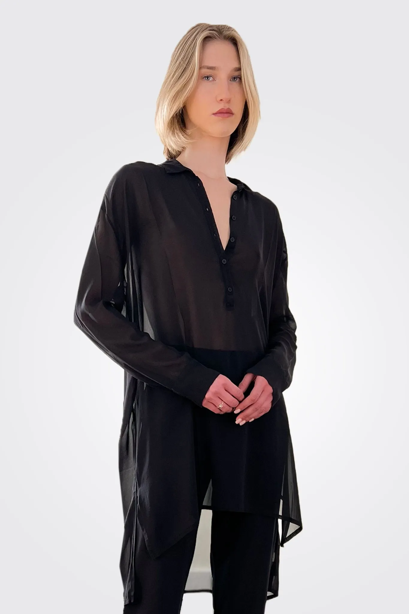 Silk Hi-Low Sheer Blouse - Black