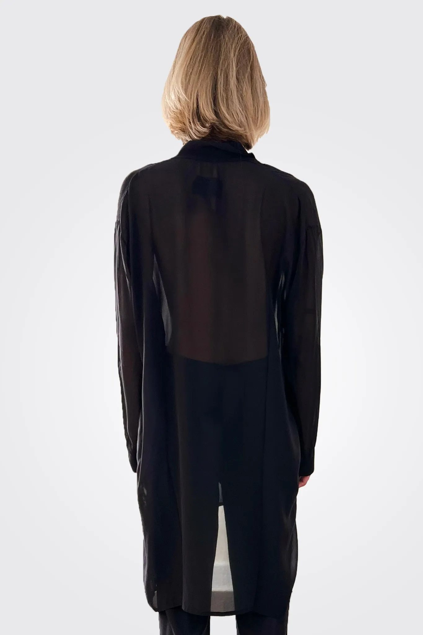 Silk Hi-Low Sheer Blouse - Black