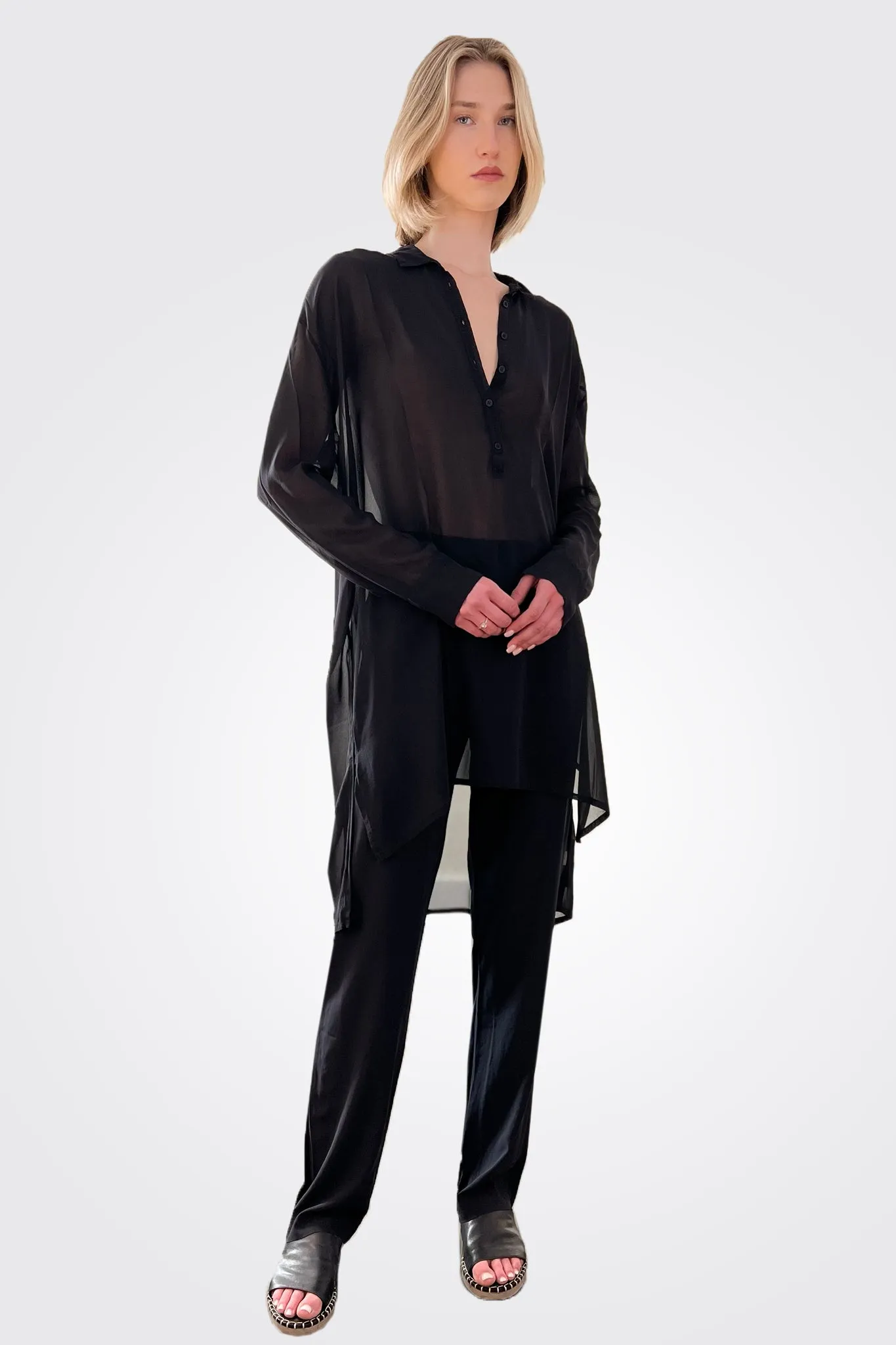 Silk Hi-Low Sheer Blouse - Black