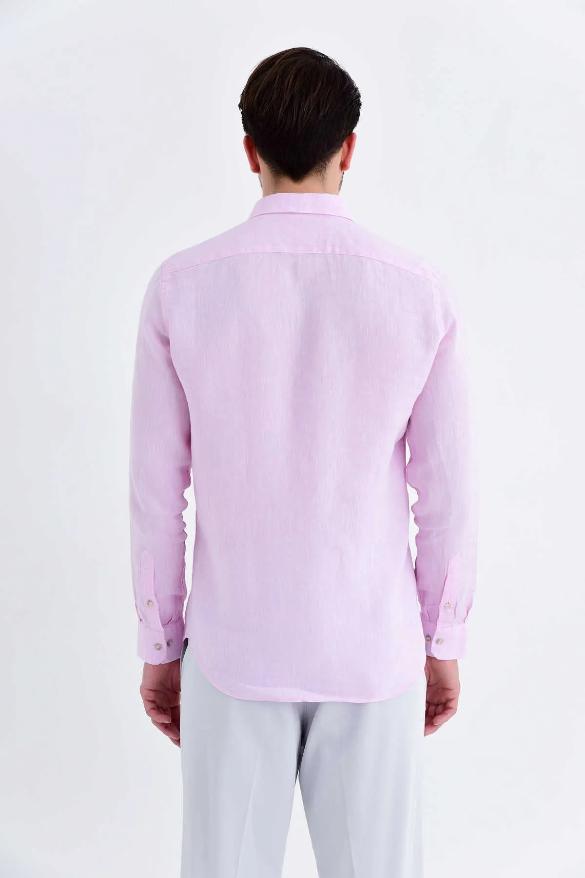 Slim Fit Long Sleeve Plain Linen Dress Shirt, Pink