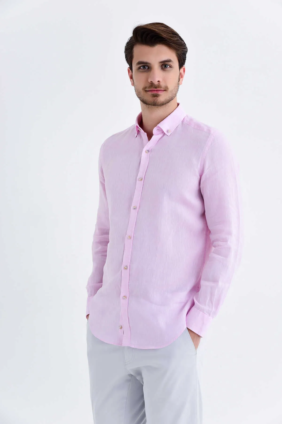 Slim Fit Long Sleeve Plain Linen Dress Shirt, Pink