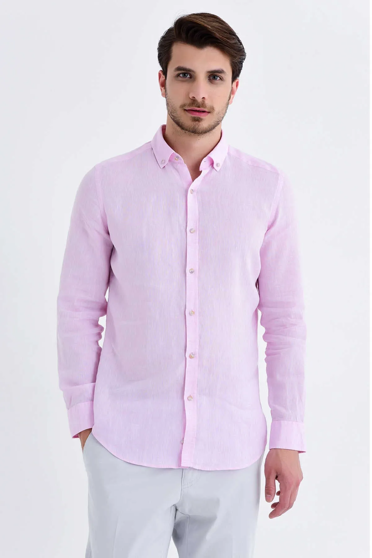 Slim Fit Long Sleeve Plain Linen Dress Shirt, Pink