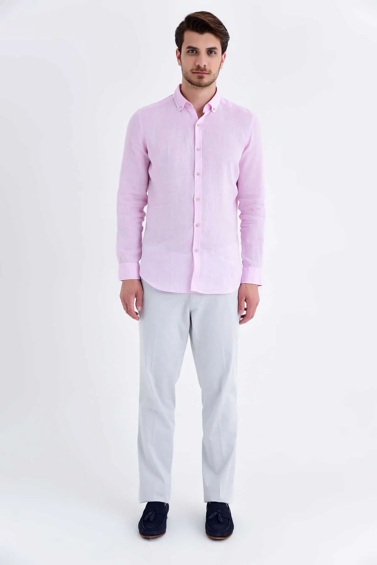 Slim Fit Long Sleeve Plain Linen Dress Shirt, Pink