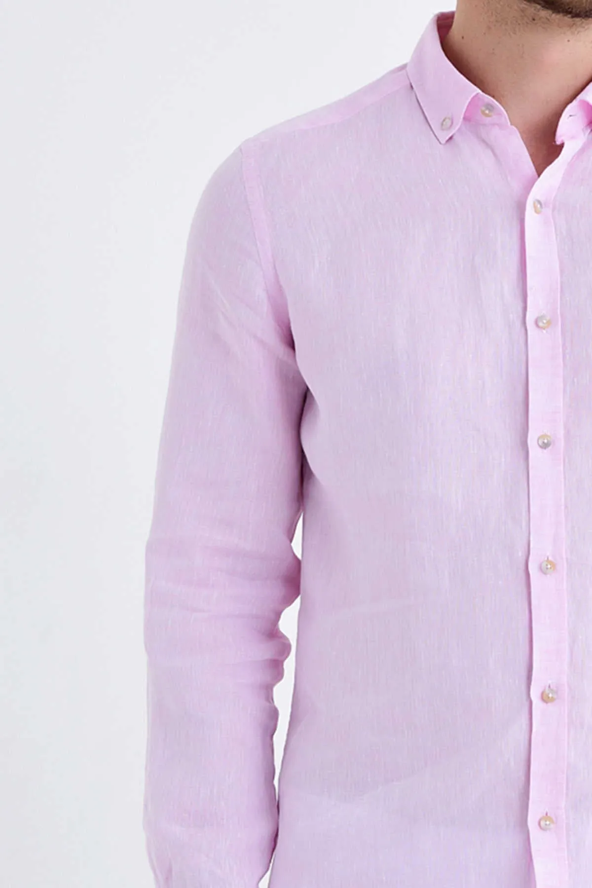 Slim Fit Long Sleeve Plain Linen Dress Shirt, Pink