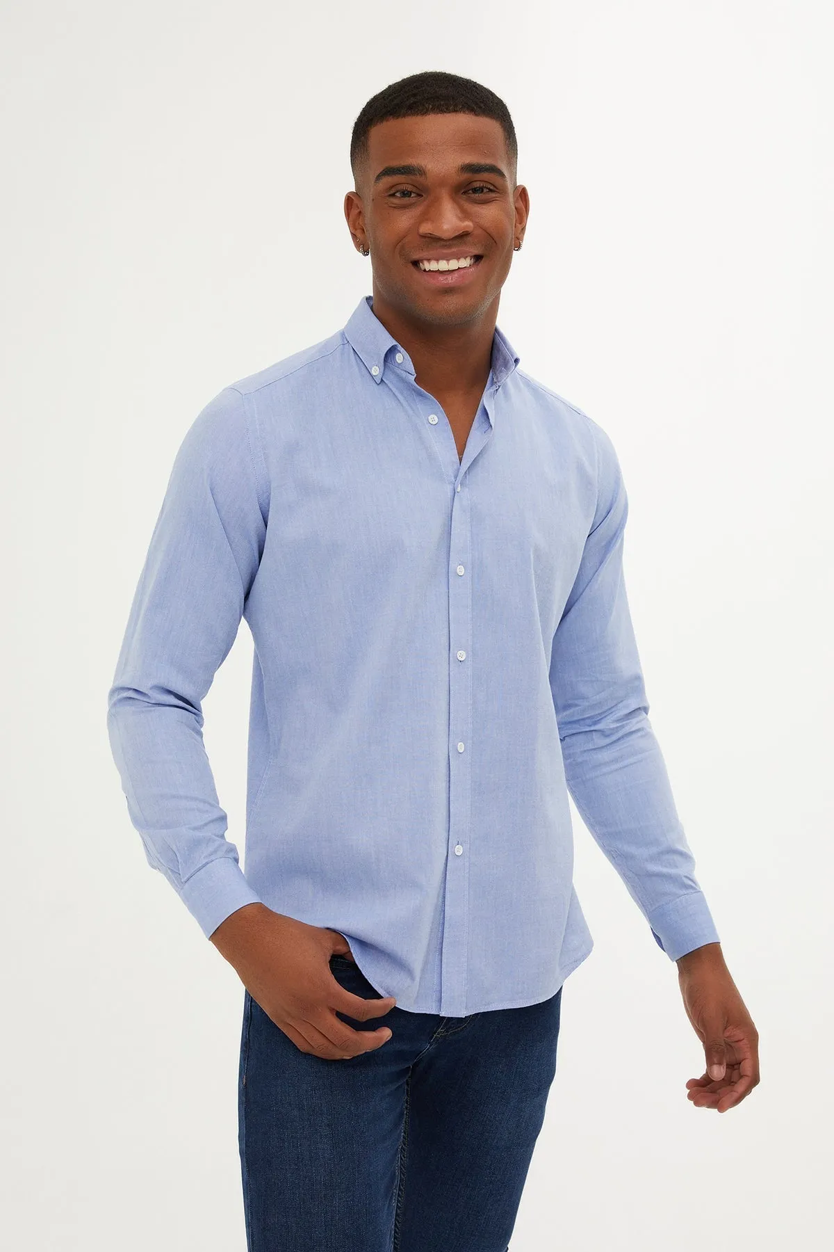 Slim Fit Plain 100% Cotton Blue Casual Shirt