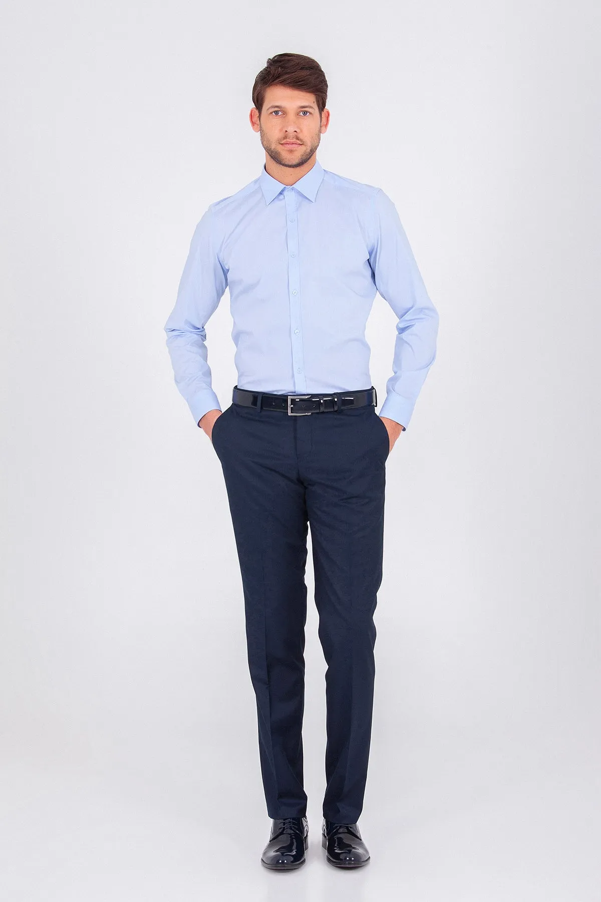 Slim Fit Plain Cotton Light Blue Casual Shirt