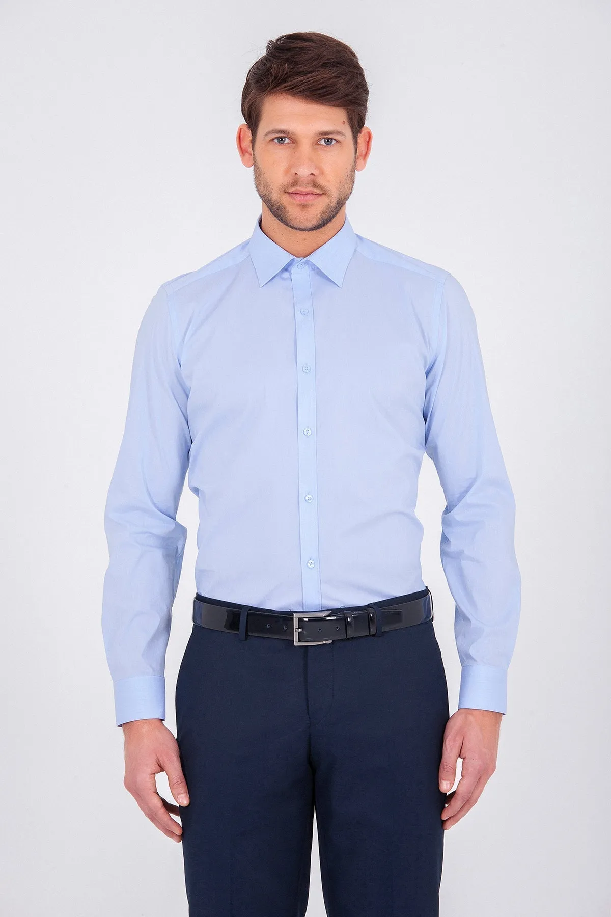 Slim Fit Plain Cotton Light Blue Casual Shirt