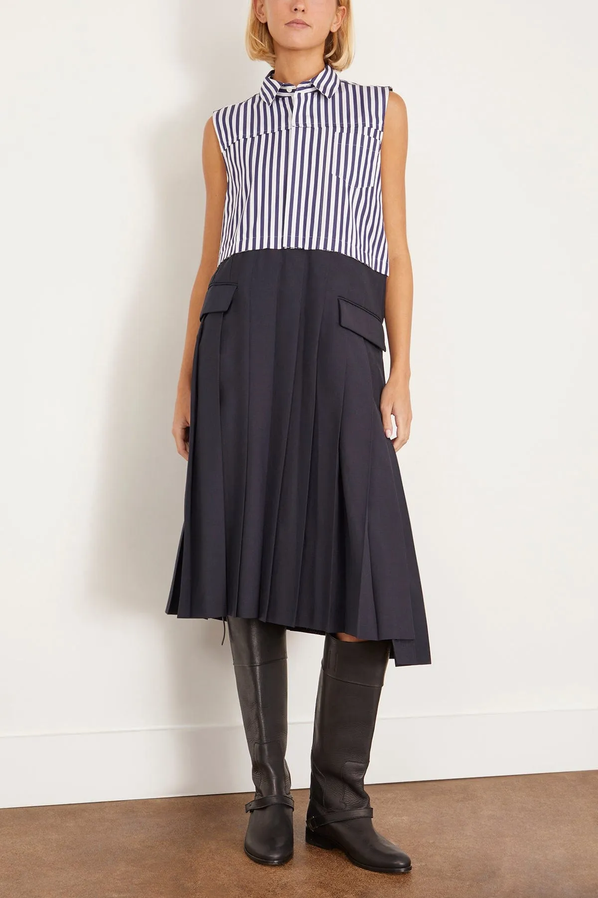 Suiting x Cotton Poplin Dress in Navy Stripe/Dark Navy