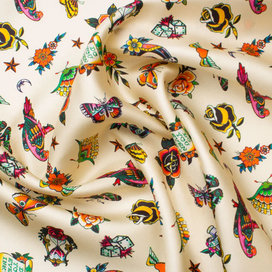 'Tattoo Art' Printed Cream Silk Twill