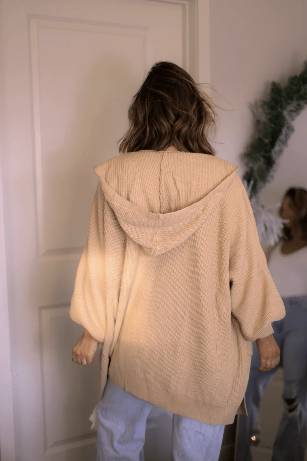 Taupe Ribbed Long Hooded Cardigan