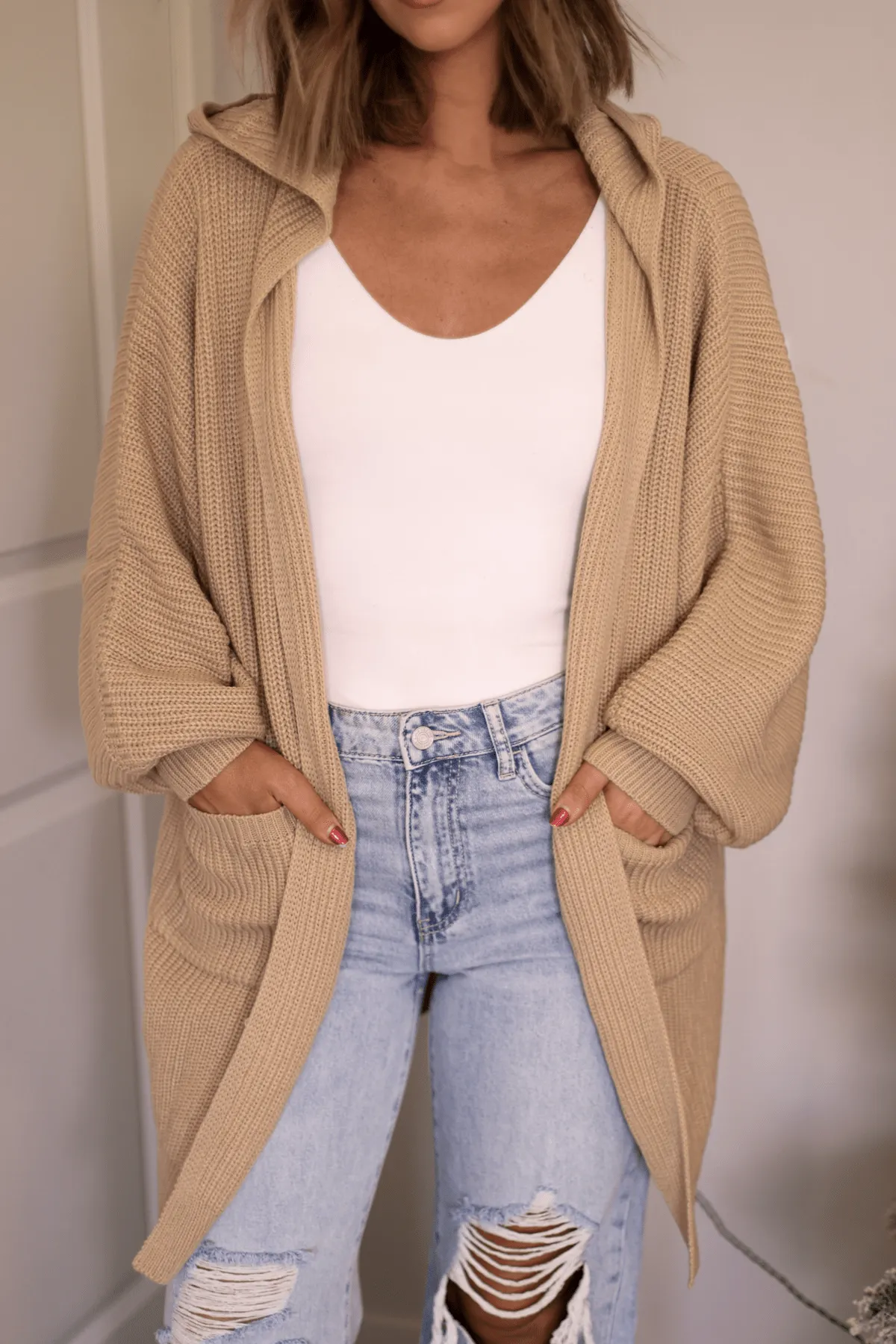 Taupe Ribbed Long Hooded Cardigan