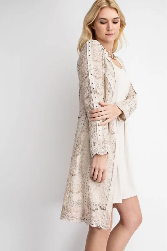 Vocal Suede Lace Scallop Hem Cardigan - Natural