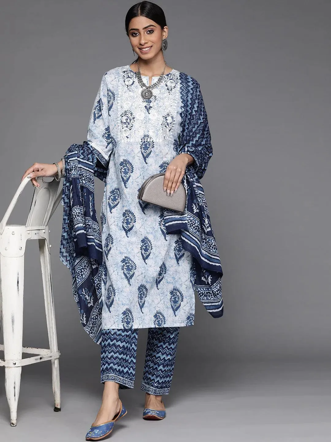 White Printed Cotton Straight Kurta With Dupatta