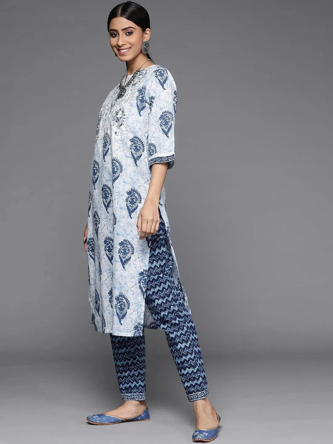 White Printed Cotton Straight Kurta With Dupatta