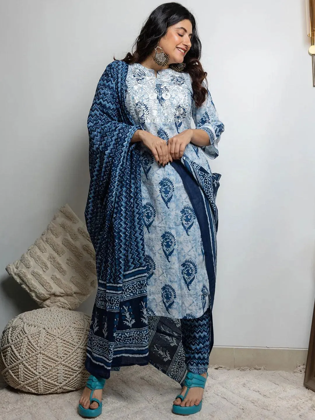 White Printed Cotton Straight Kurta With Dupatta