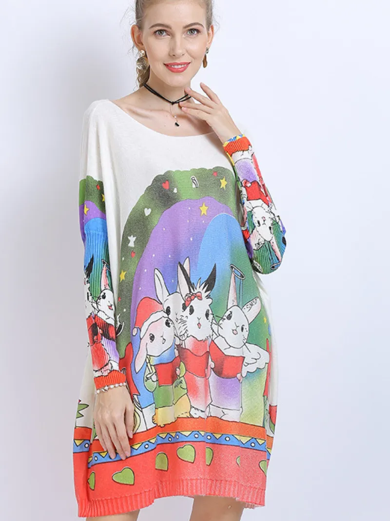 Women's Large Size midi length Sweater Neck Rabbit Print Knit Sweater Tops