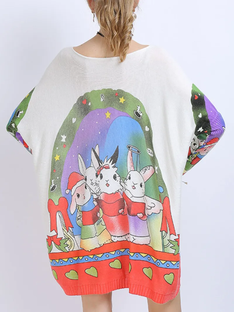 Women's Large Size midi length Sweater Neck Rabbit Print Knit Sweater Tops