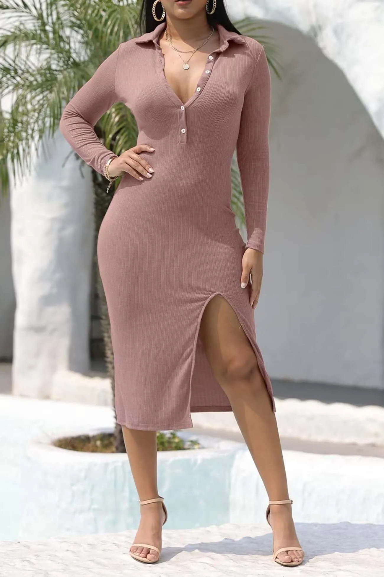 Womens Ribbed Back Tie High Split Midi Dress