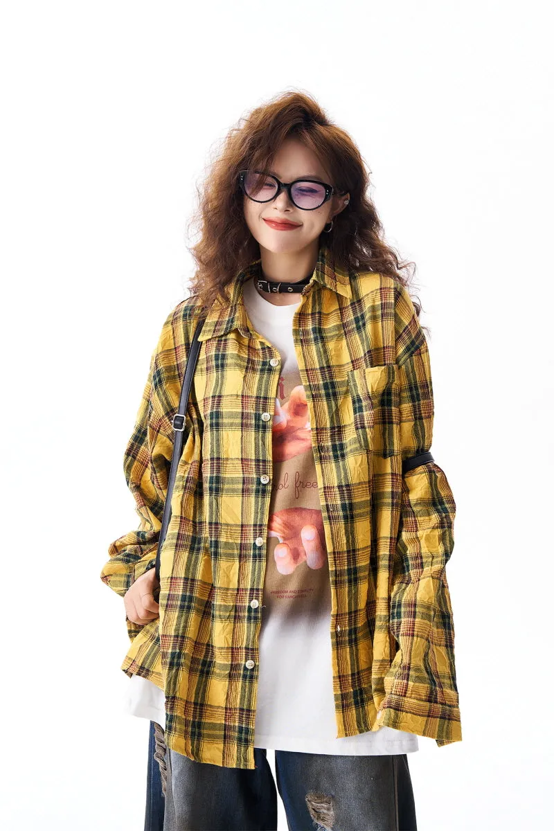 Yellow Plaid Irregular Pleated Long Sleeve Shirt