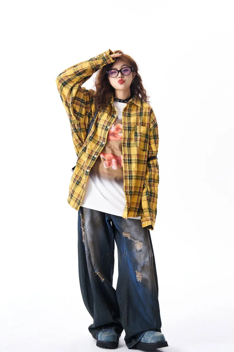 Yellow Plaid Irregular Pleated Long Sleeve Shirt